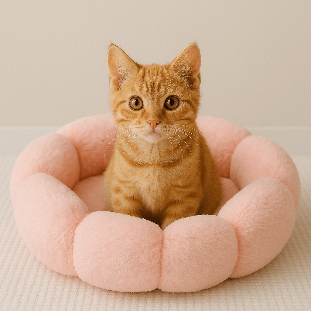 chaton orange dans coussin chat fleur doux rond rose