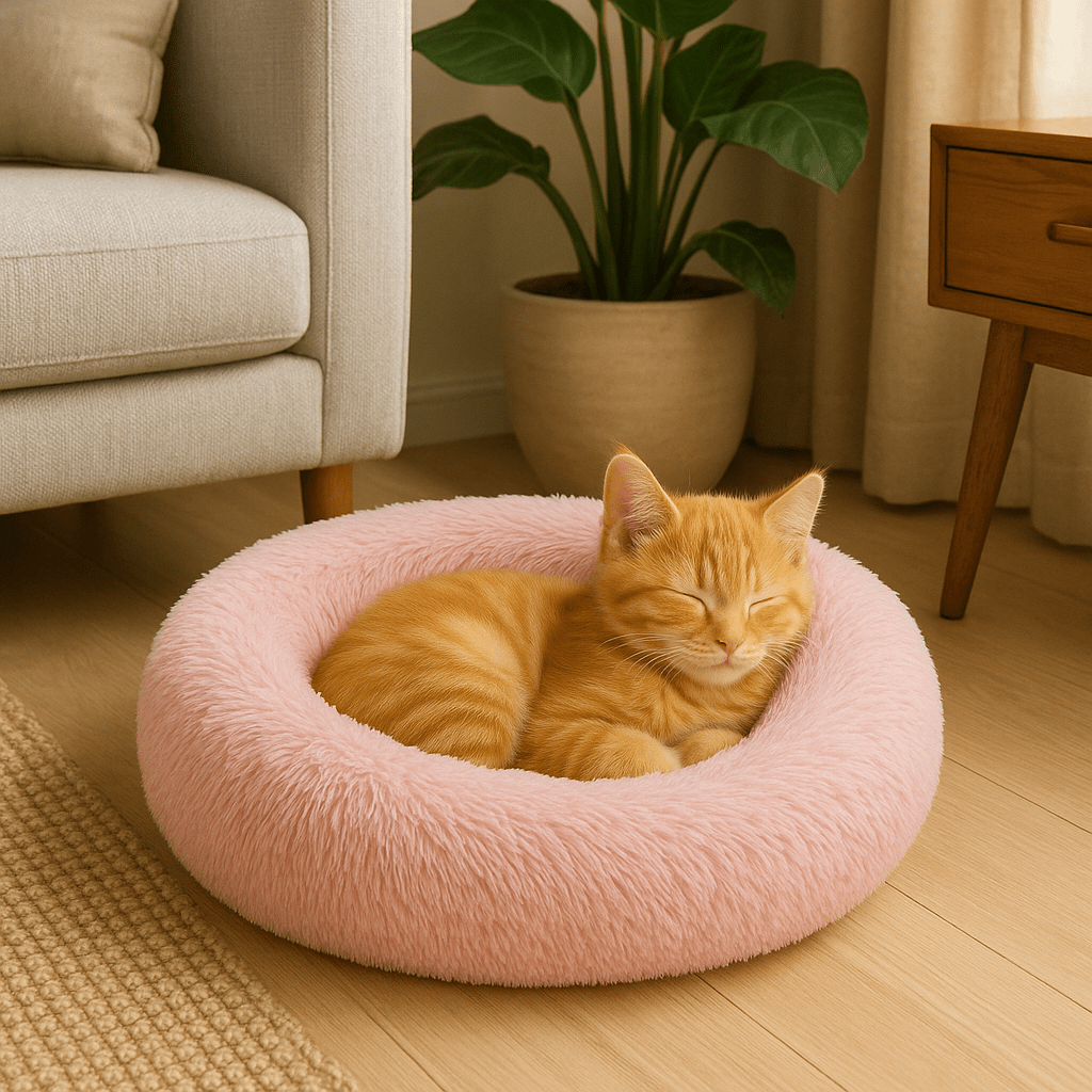 chaton orange dans coussin chat peluche douce en rond rose
