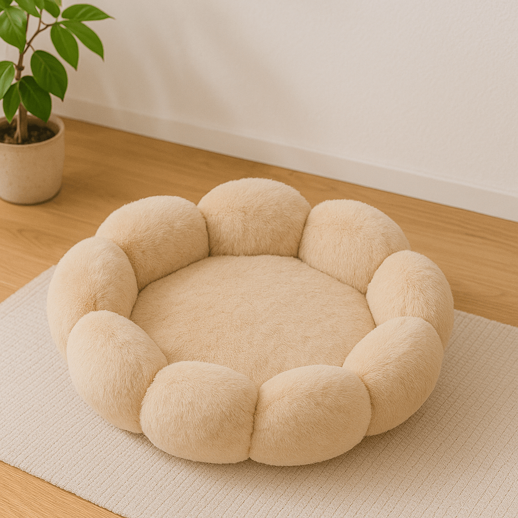 coussin chat fleur doux rond beige