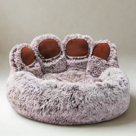 coussin chat forme patte ours doux brun