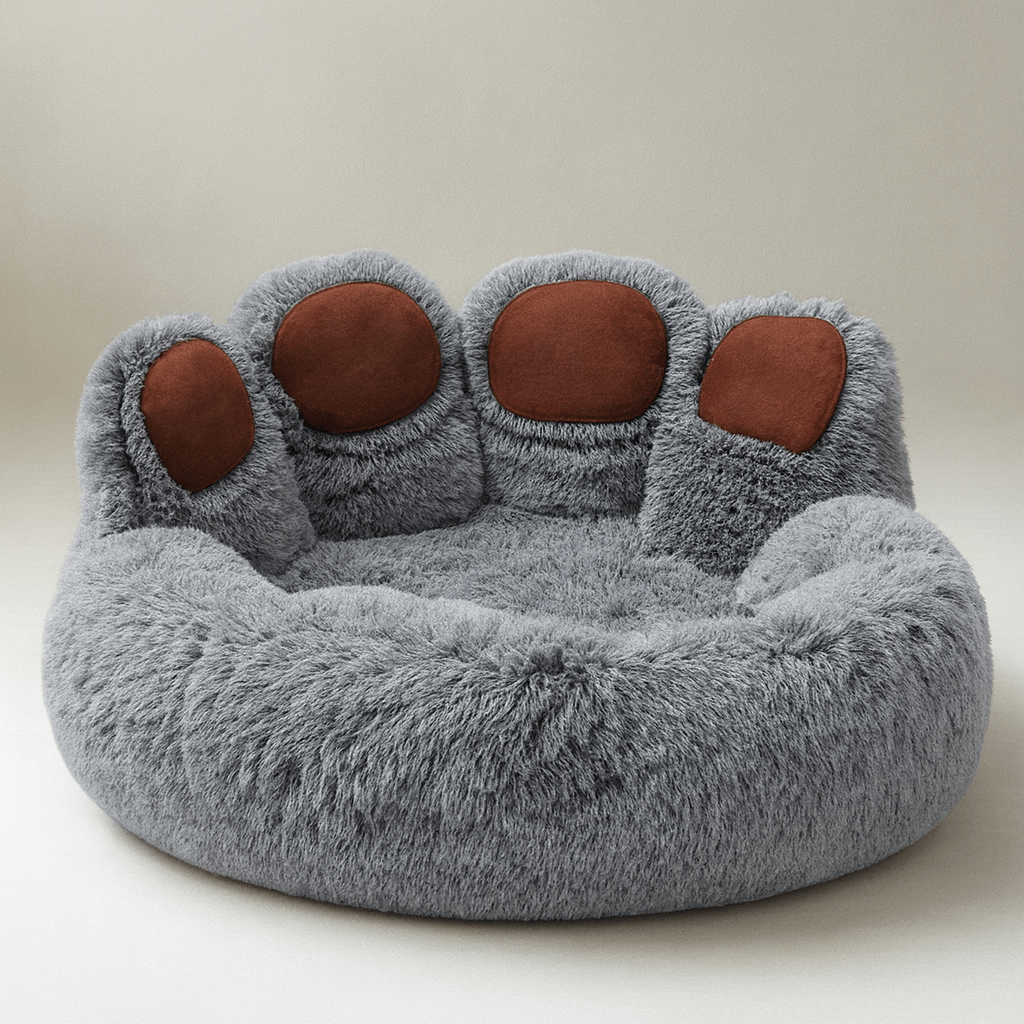 coussin chat forme patte ours doux gris