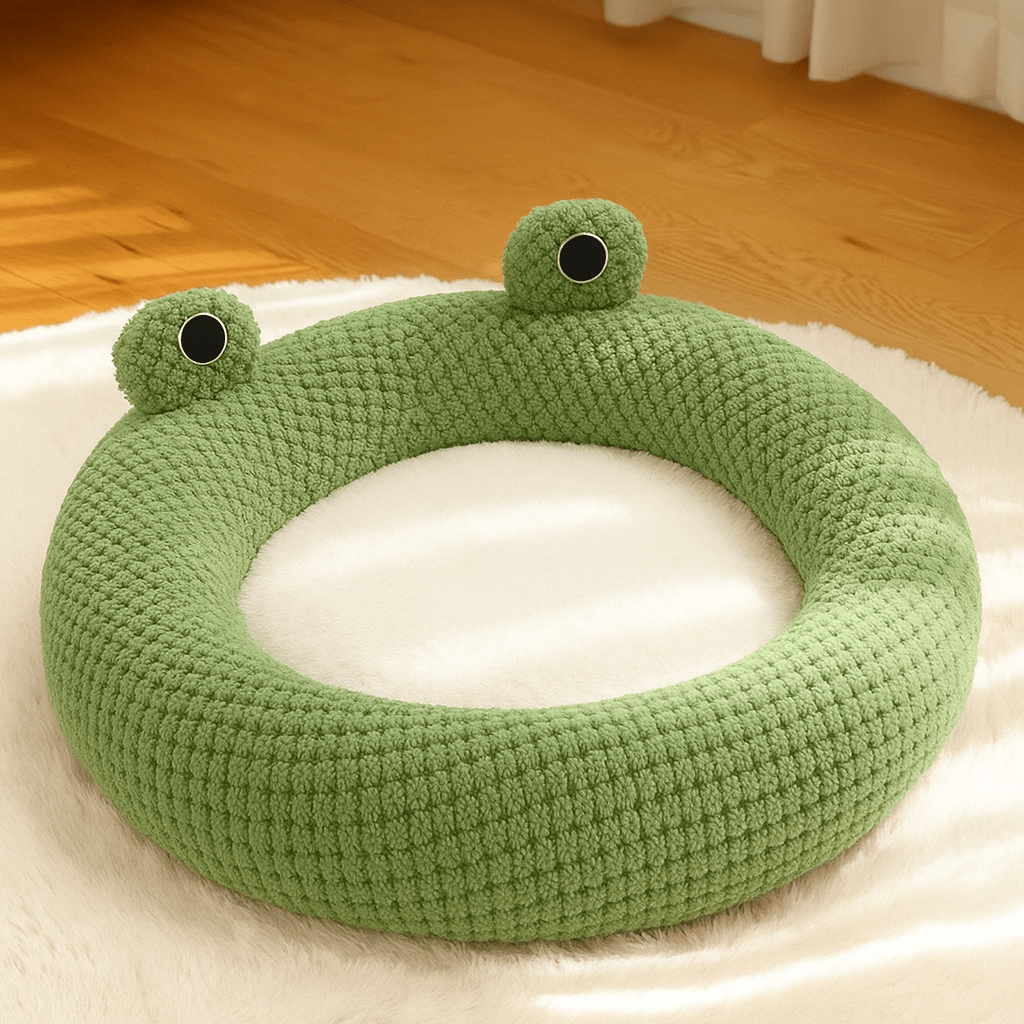 coussin pour chat rond grenouille verte moelleux