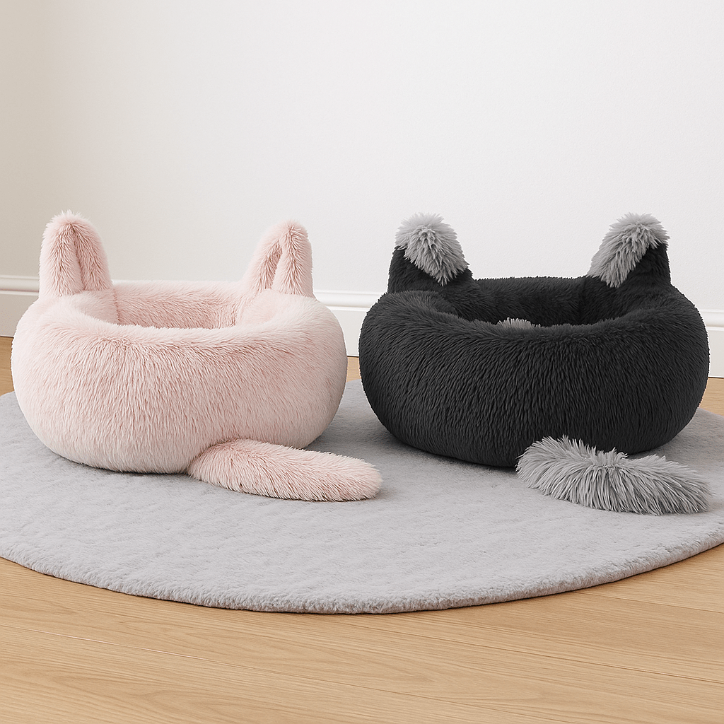 deux coussin pour chat doux rose gris rond design chat