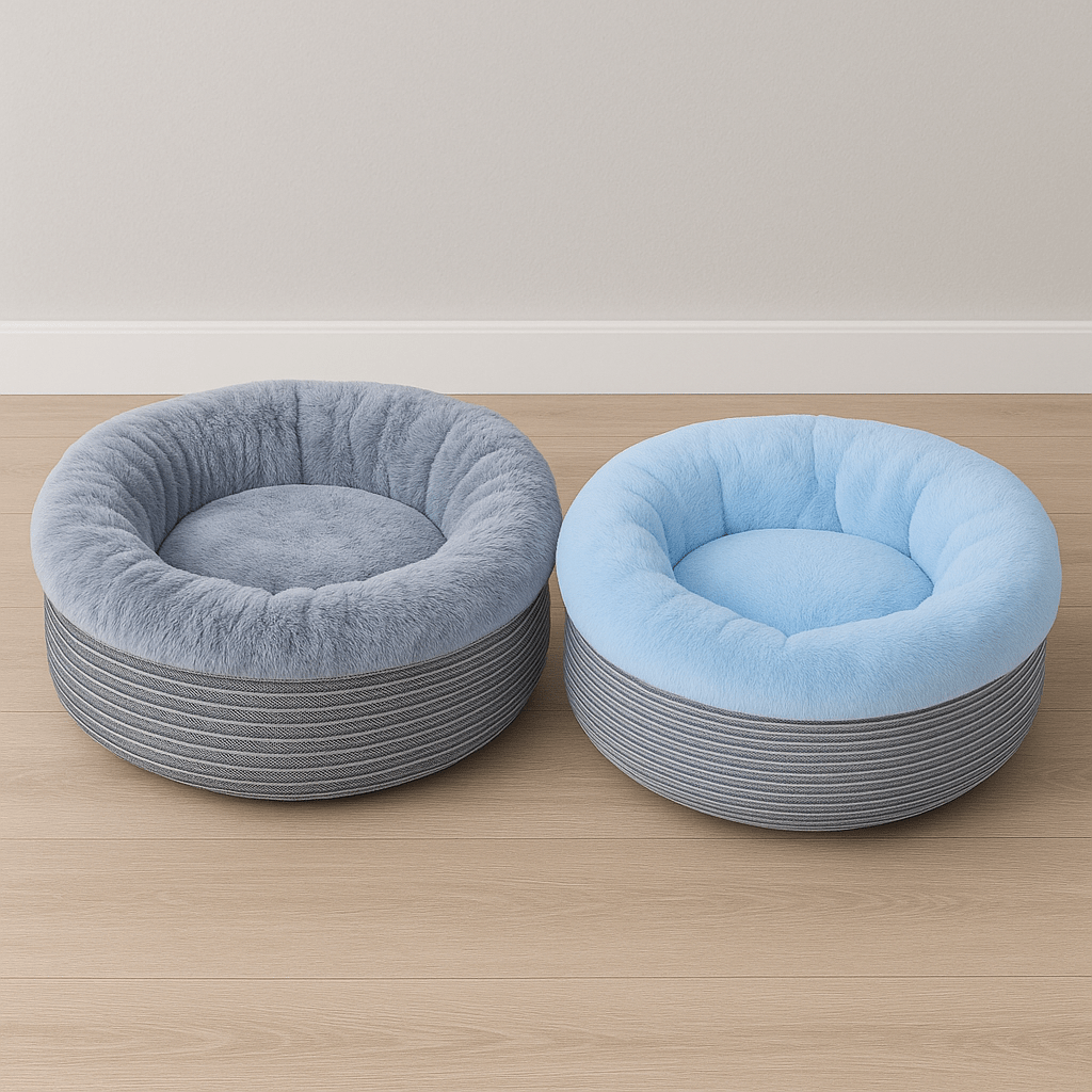 deux coussin pour chat rond douillet doux bleu gris