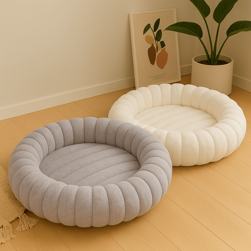 deux coussin pour chat rond doux chaud blanc gris