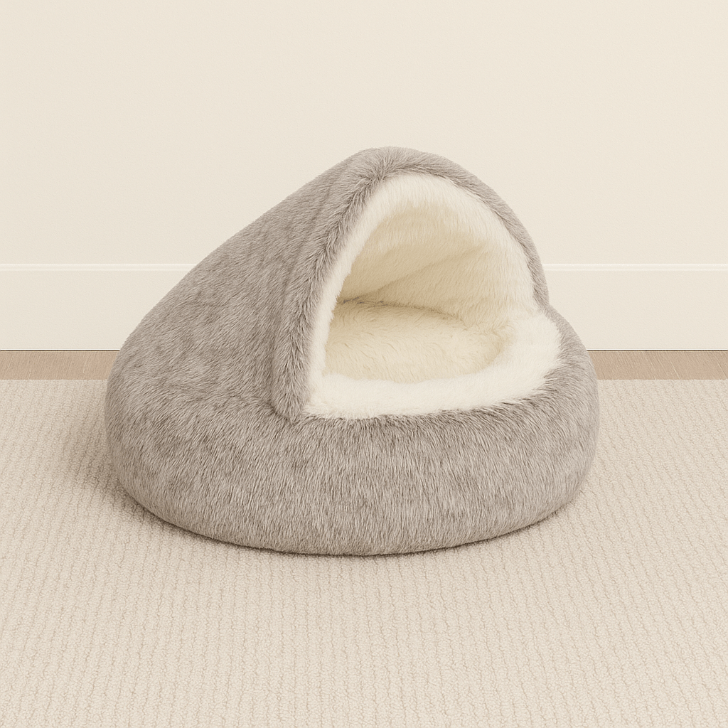 grotte coussin chat rond brun taupe clair peluche douce
