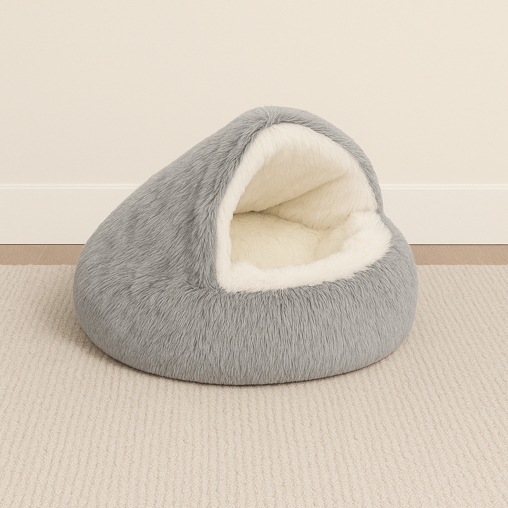 grotte coussin chat rond gris peluche douce