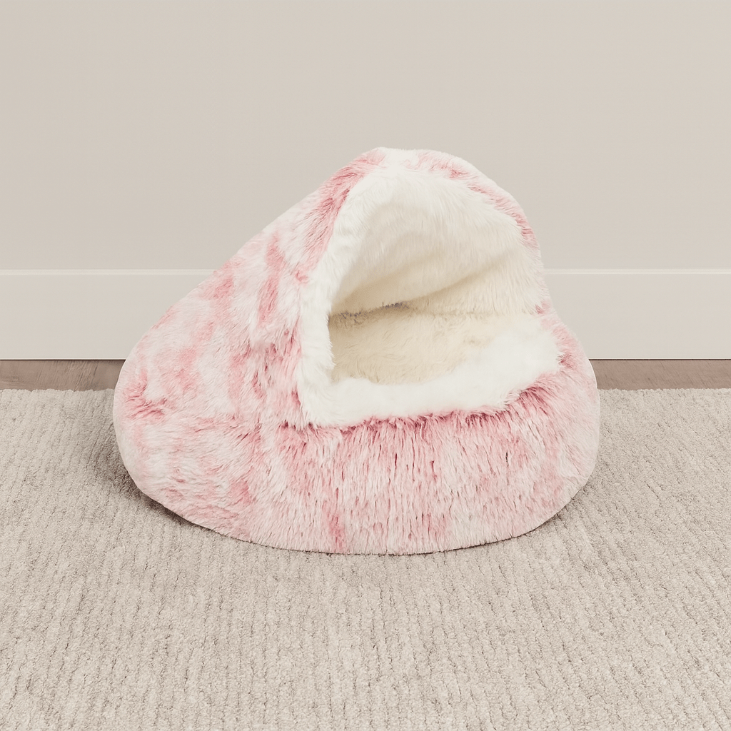 grotte coussin chat rond rose peluche douce
