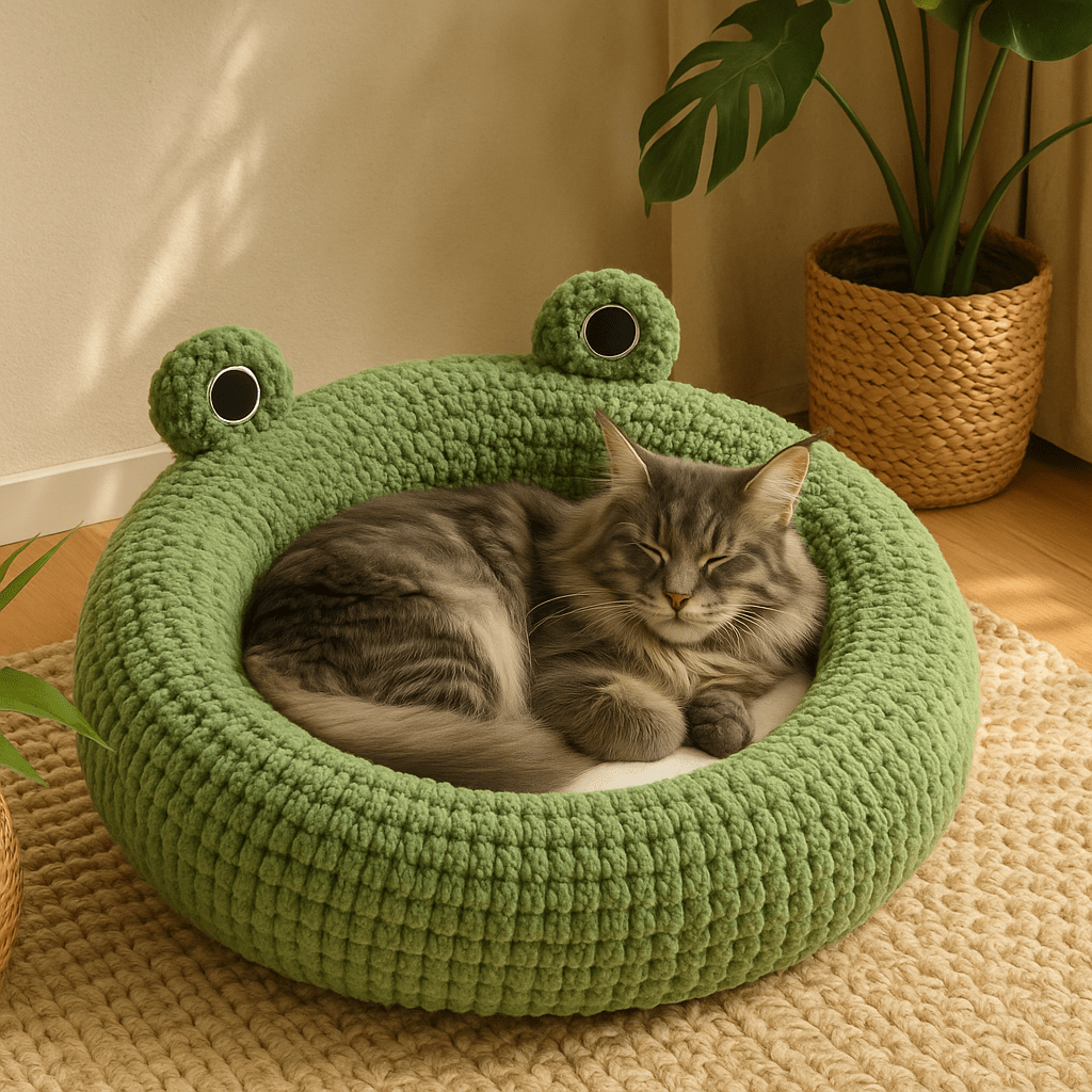 maine coon dans coussin pour chat rond grenouille verte moelleux