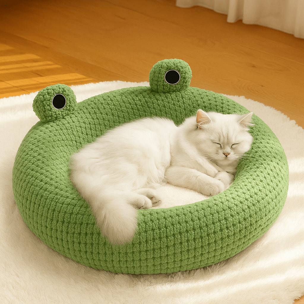 matou blanc dans coussin pour chat rond grenouille verte moelleux
