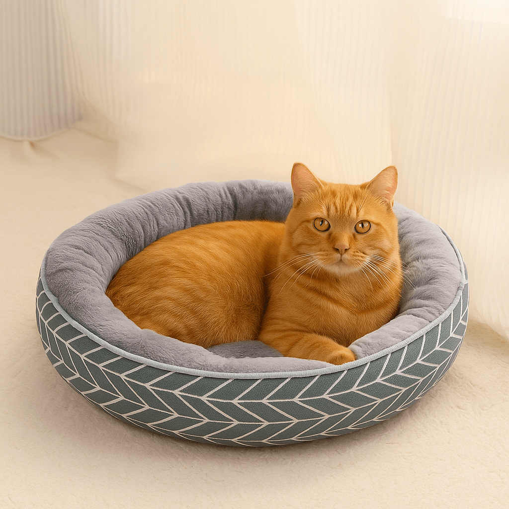 panier chat forme donut motif chevrons gris avec chat orange