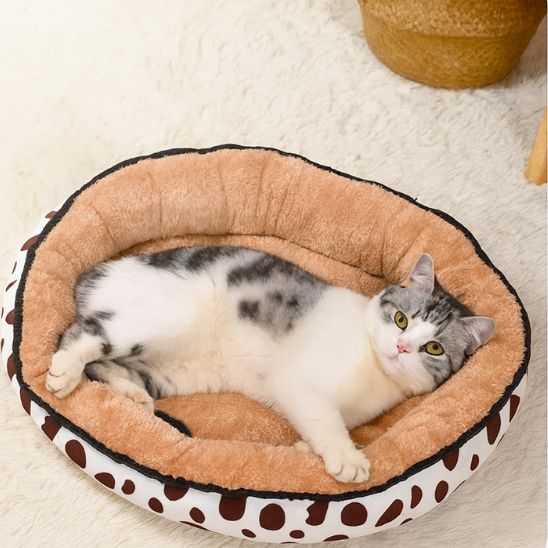 panier chat forme donut motif vache avec chat blanc allonge