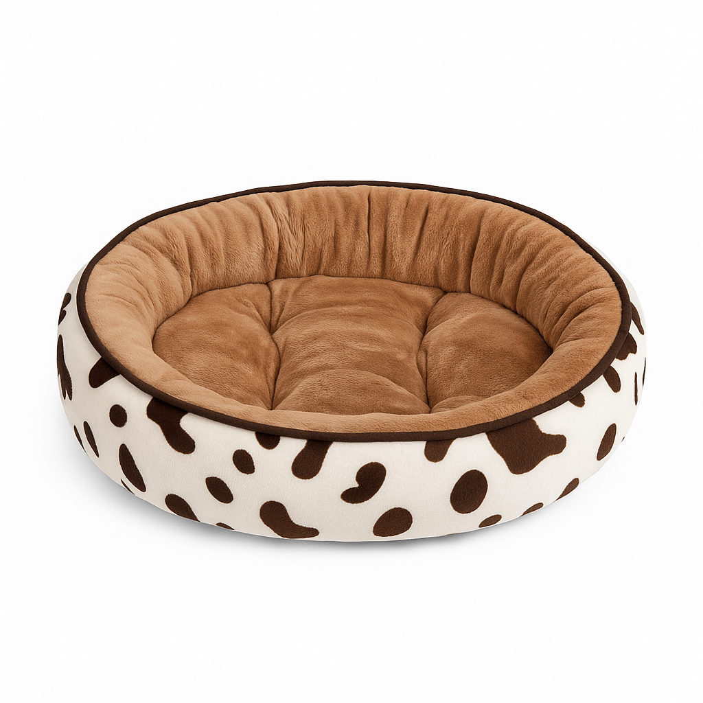 panier chat forme donut motif vache marron
