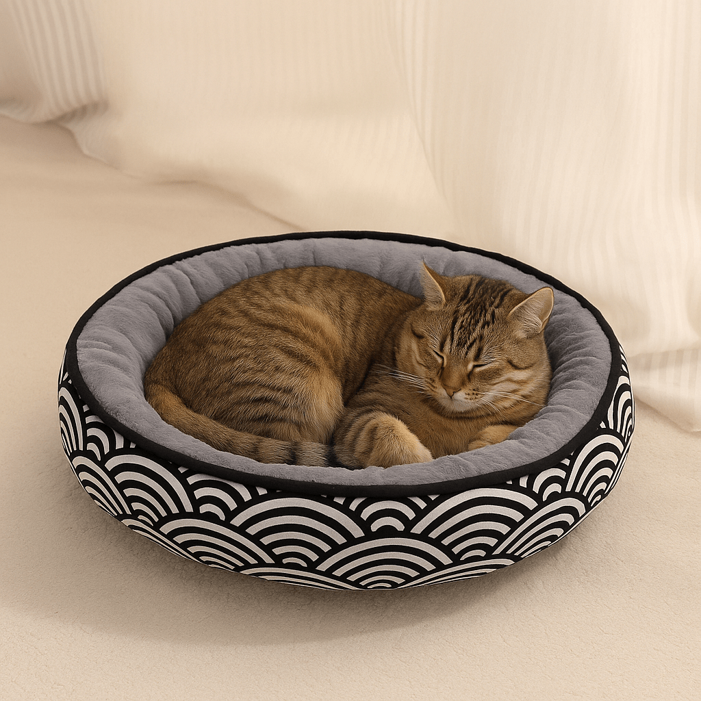 panier chat forme donut motif vagues avec chat gris endormi