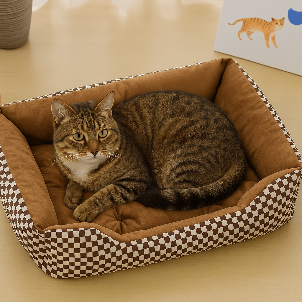 panier chat carre a carreaux avec chat brun allonge