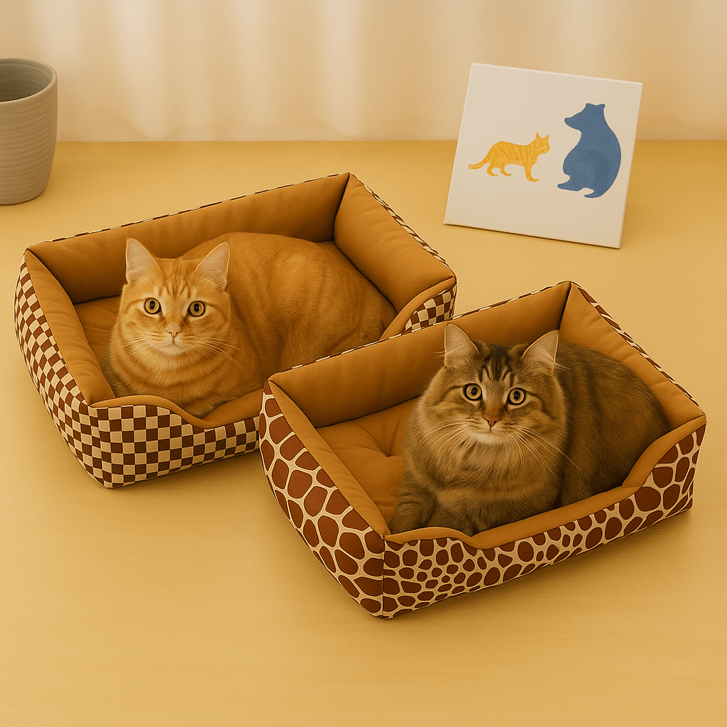deux chats dans panier chat carre a carreaux et motif girafe