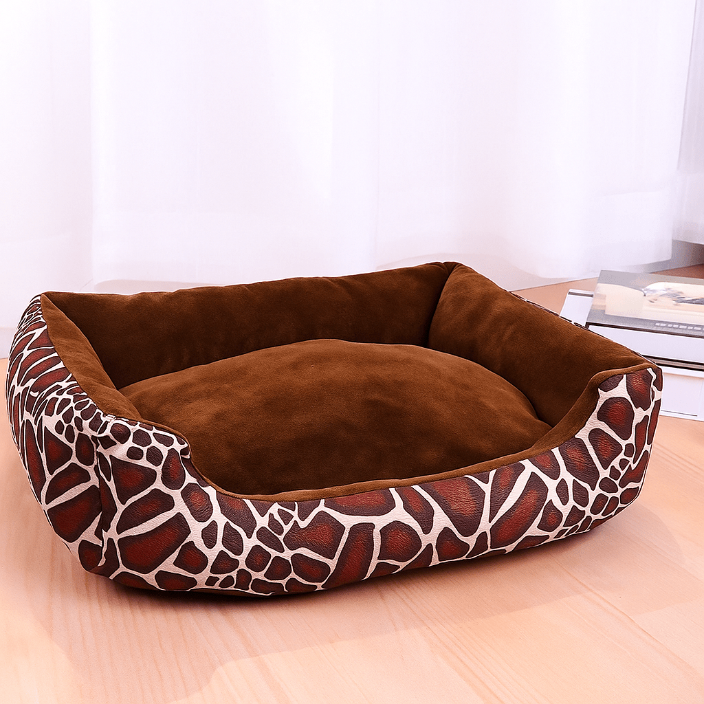 panier chat carre motif girafe brun