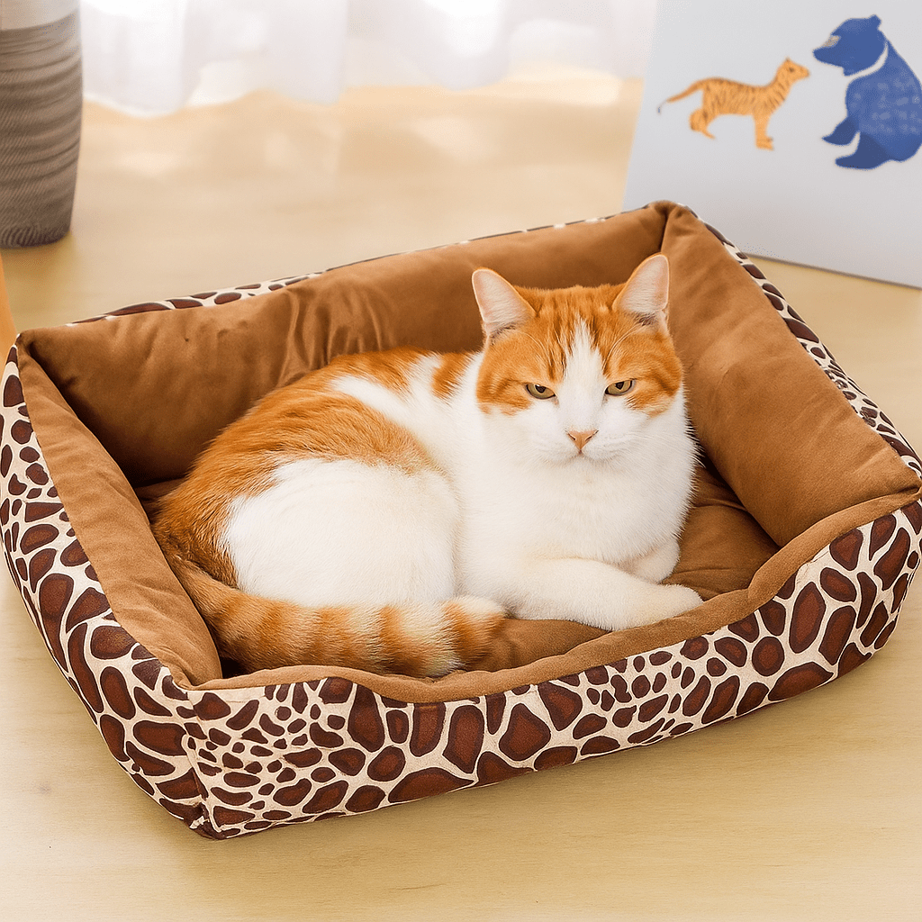 panier chat carre motif girafe avec chat orange allonge