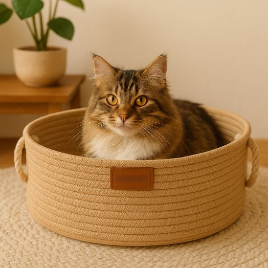 panier chat osier a corde avec chat brun couche