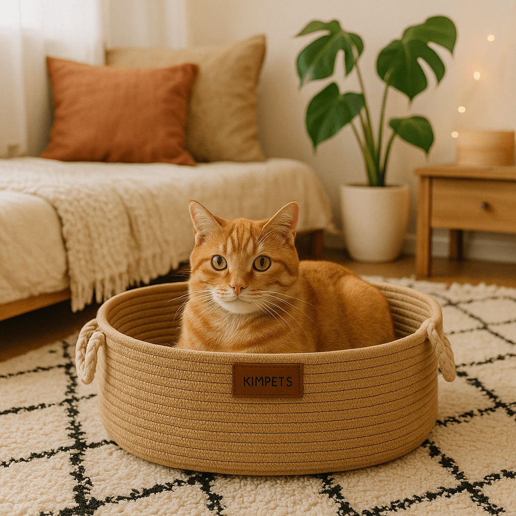 panier chat osier a corde avec chat orange couche