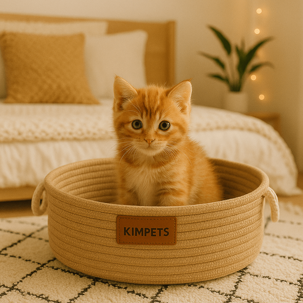 panier chat osier a corde avec chaton orange assis