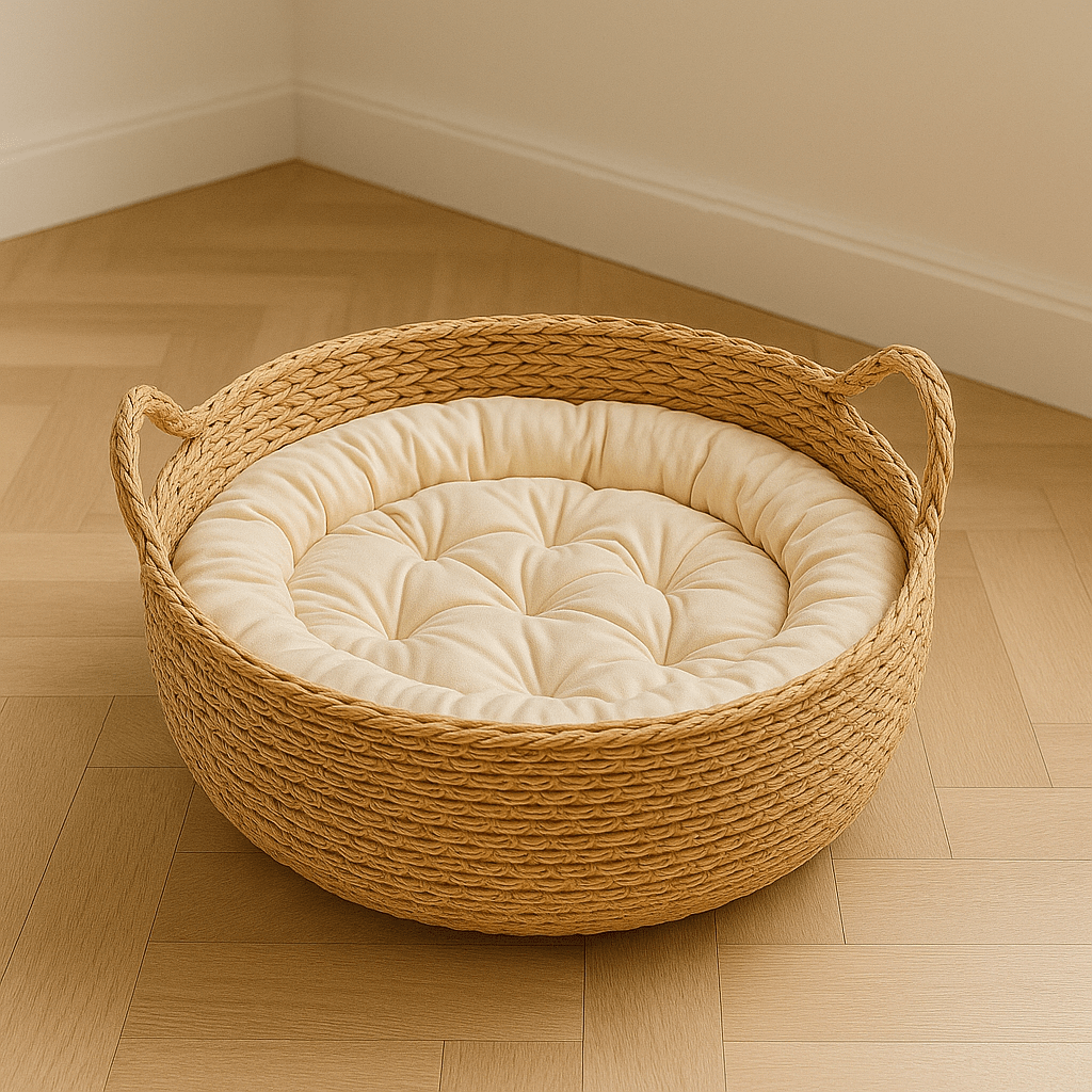 panier chat osier avec oreilles chat et coussin taille L