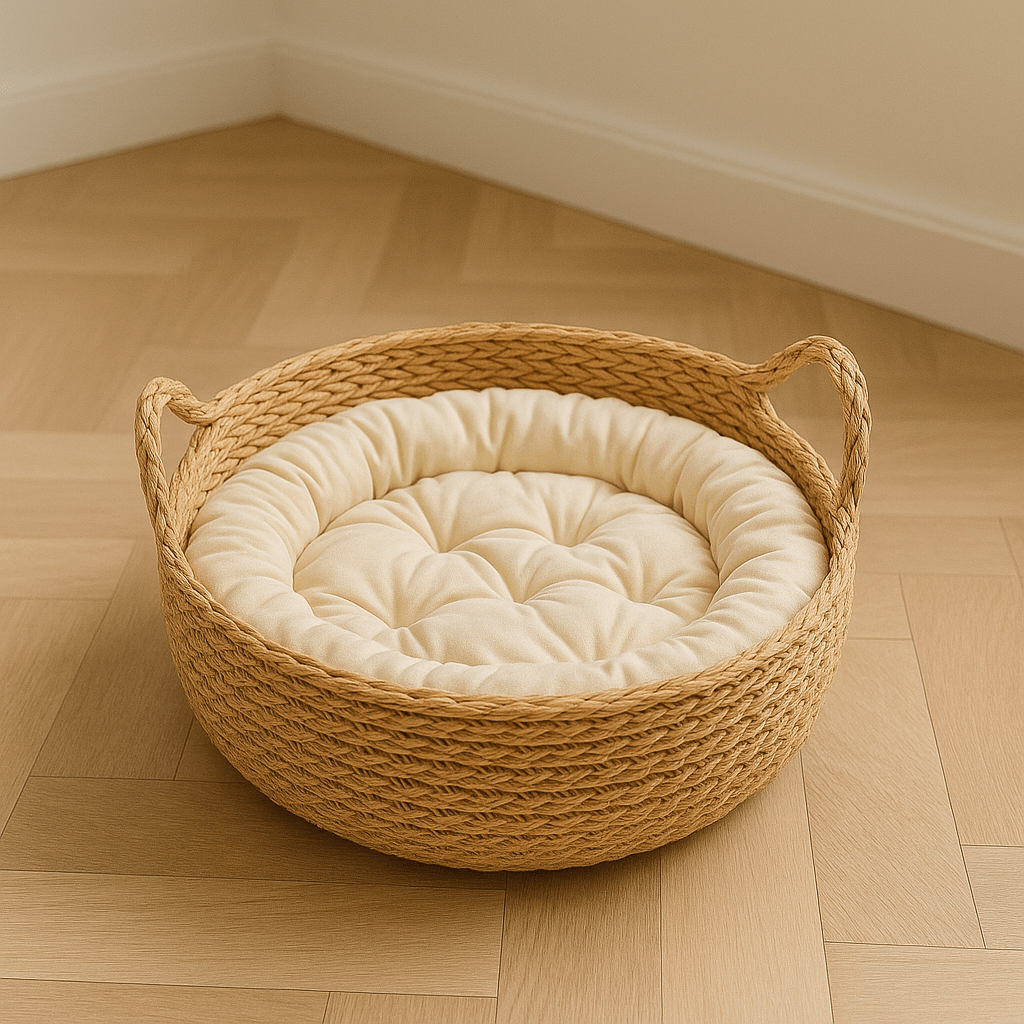 panier chat osier avec oreilles chat et coussin taille M