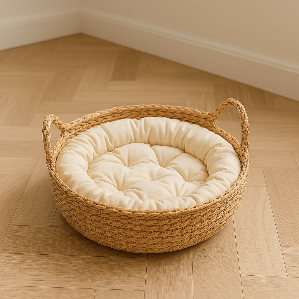 panier chat osier avec oreilles chat et coussin taille S