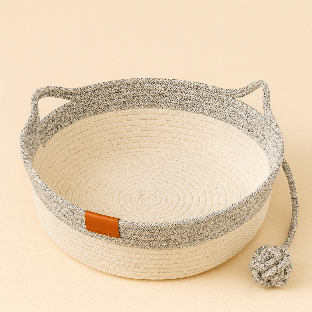 panier chat osier oreilles chat rond gris avec balle