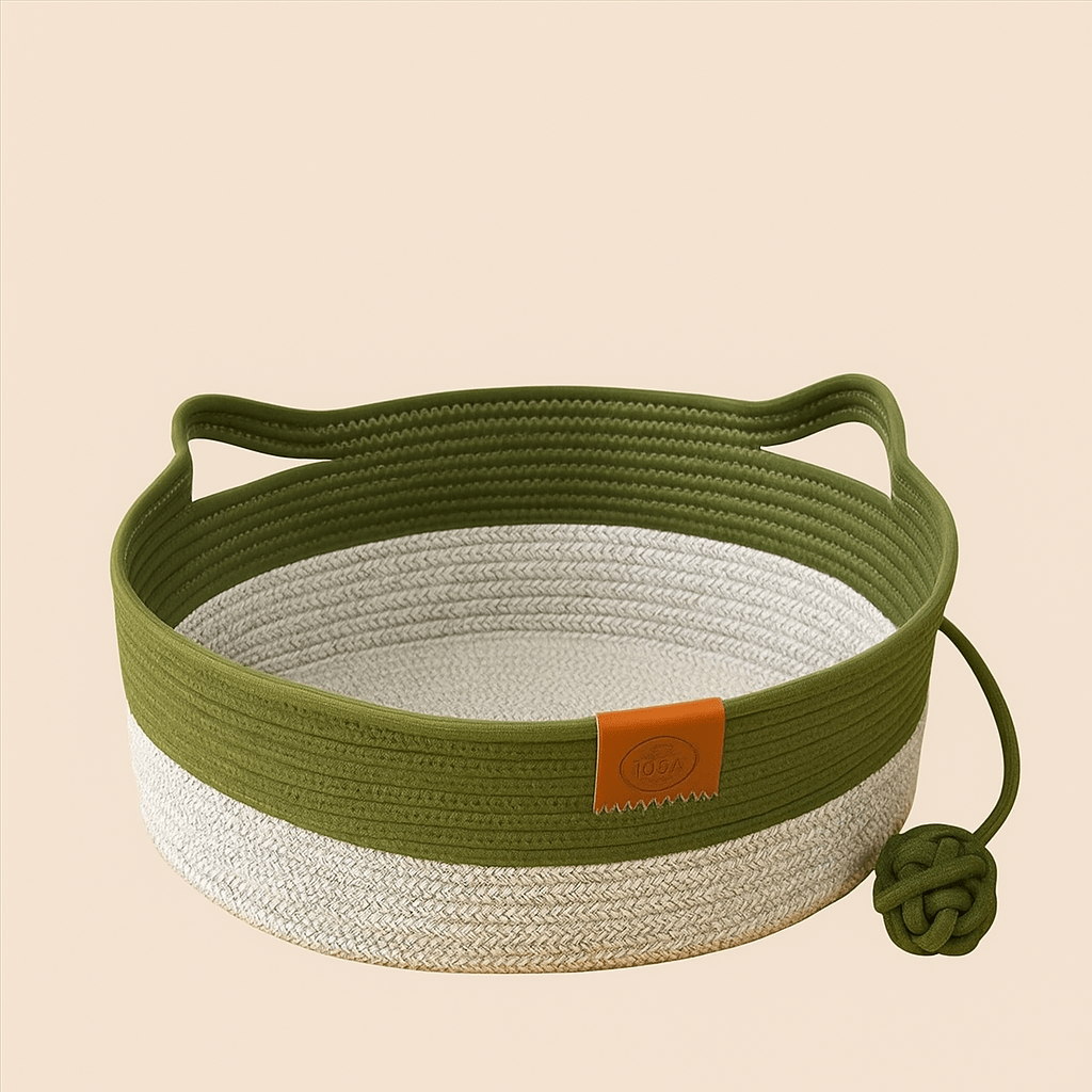 panier chat osier oreilles chat rond vert avec balle