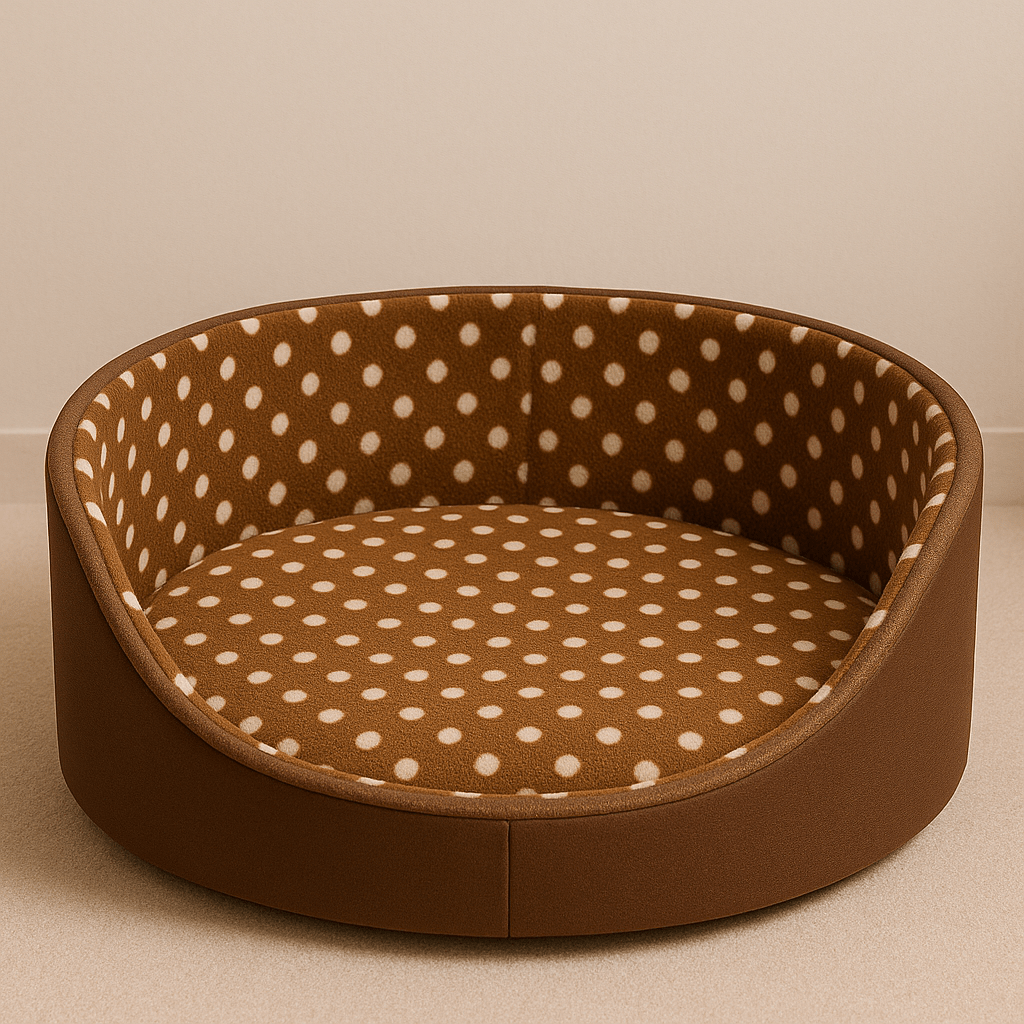 presentation panier chat rond a pois brun