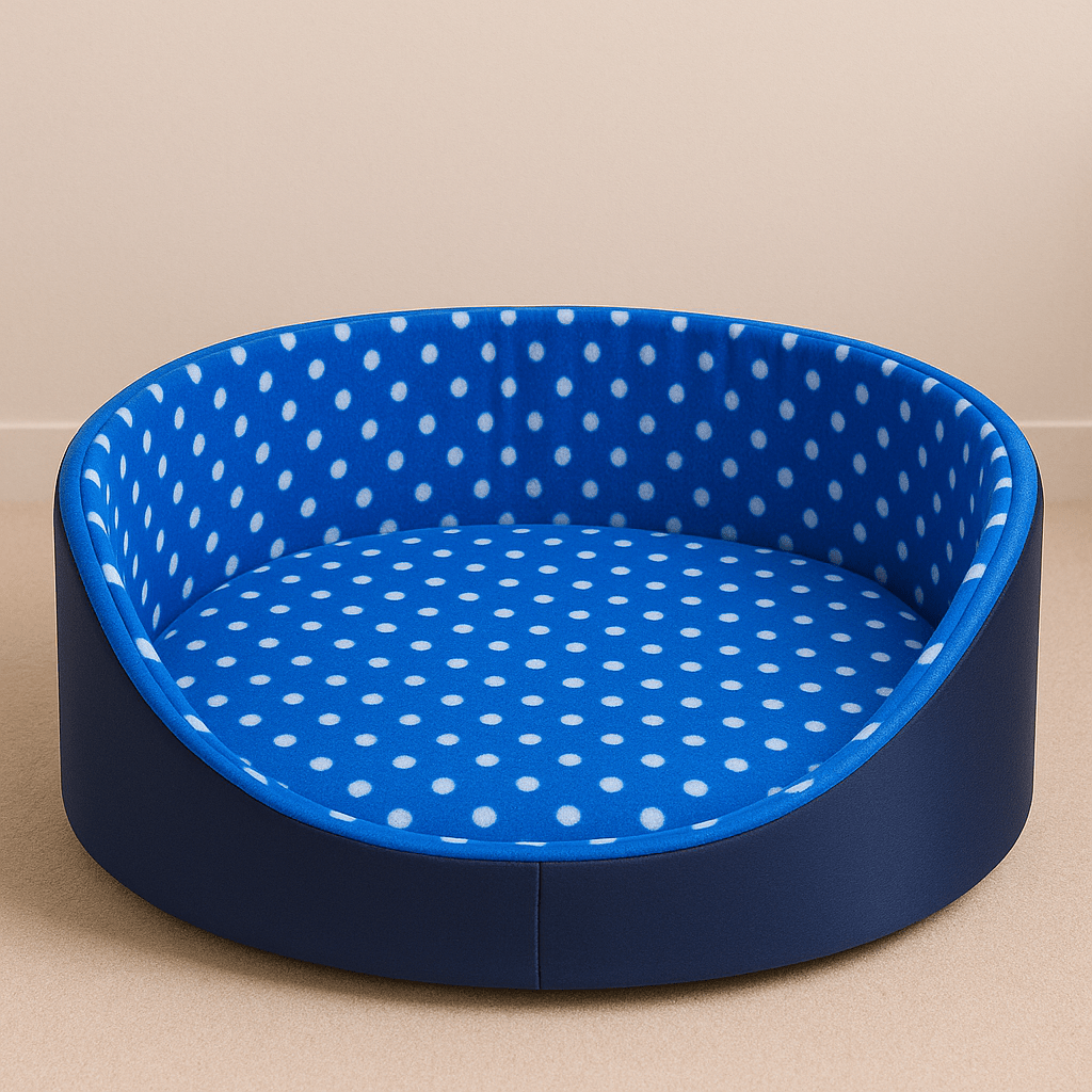 presentation panier chat rond a pois bleu
