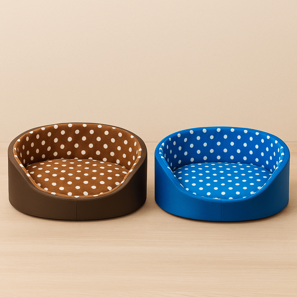 deux panier chat rond a pois bleu et brun