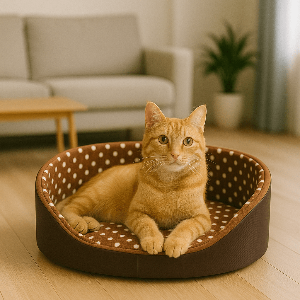 panier chat rond a pois brun avec chat orange allonge