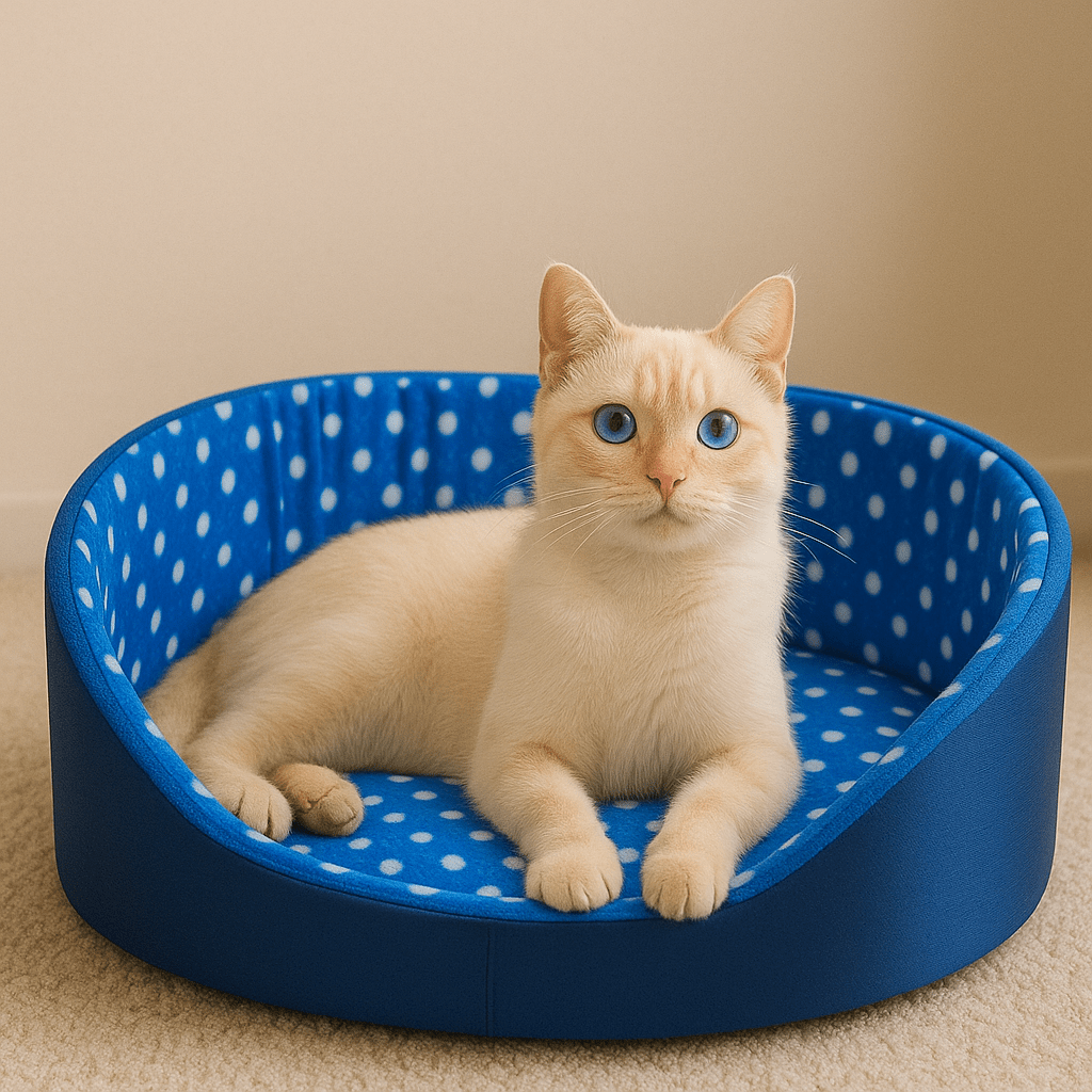 panier chat rond a pois bleu avec chat blanc etendu