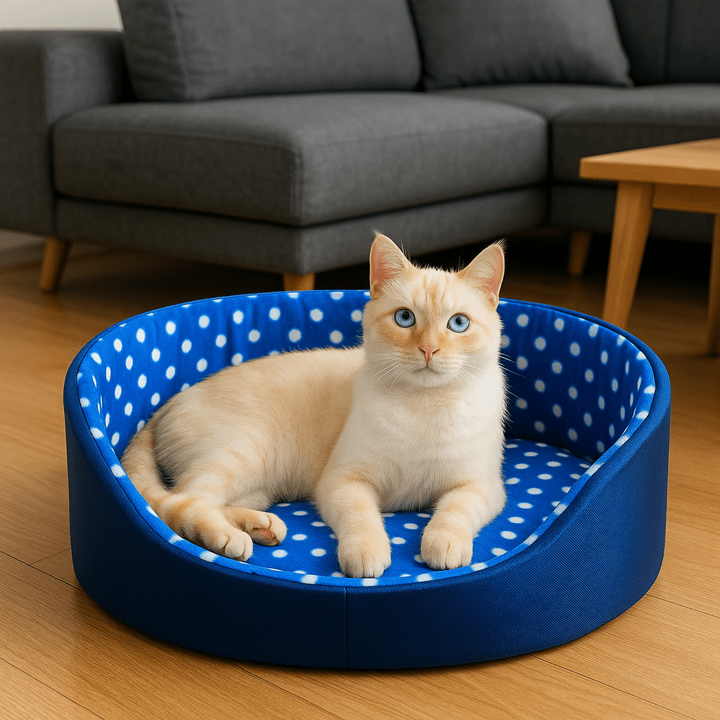 panier chat rond a pois bleu avec chat beige allonge