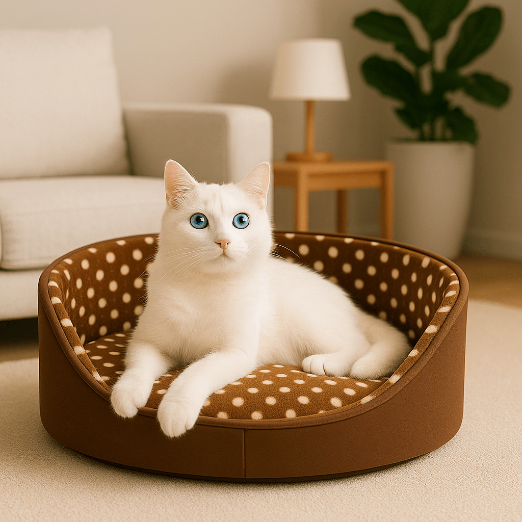 panier chat rond a pois brun avec chat blanc allonge