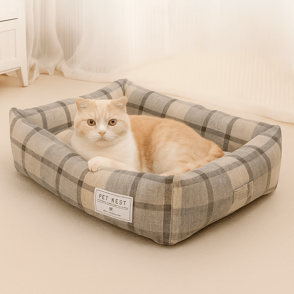 panier pour chat carre motif carreaux avec chat beige allonge