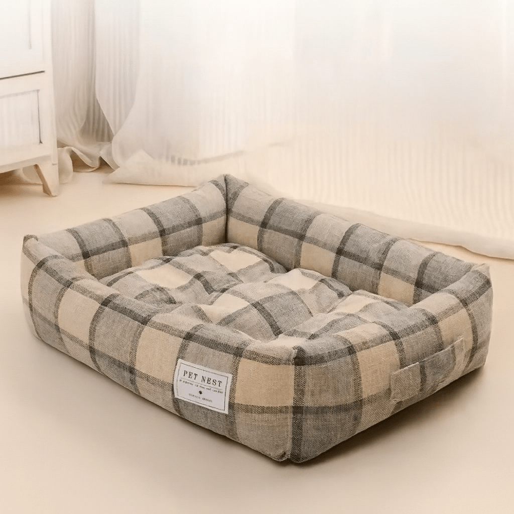 panier pour chat carre motif carreaux gris