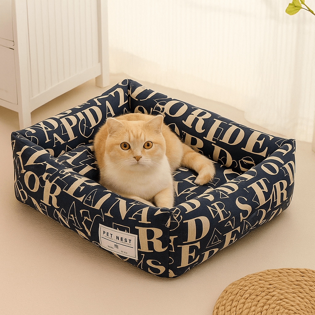panier pour chat carre motif lettre avec chat beige couche