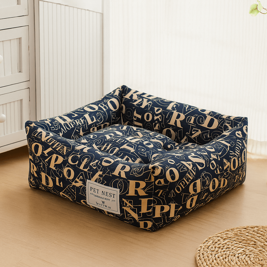panier pour chat carre motif lettre bleu