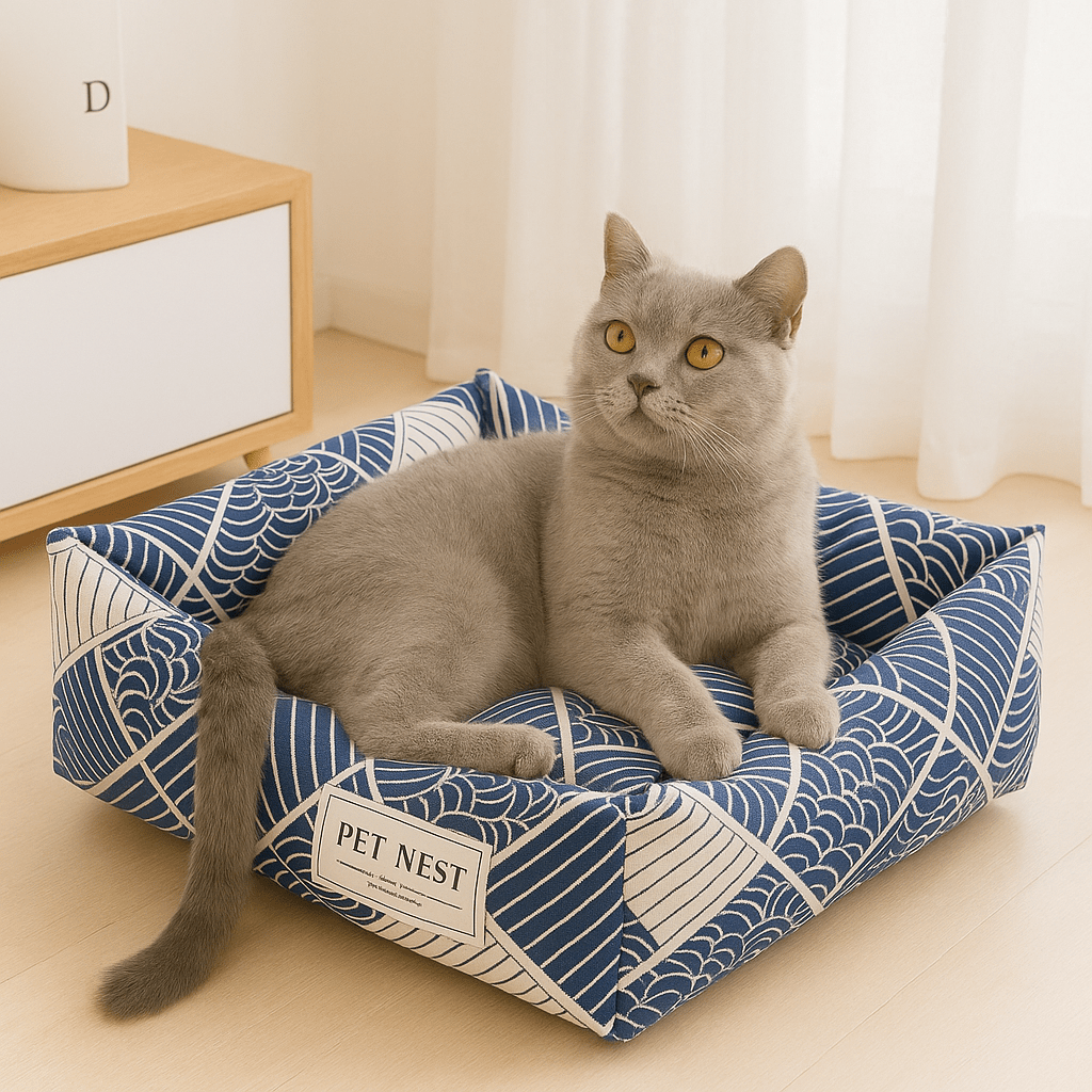 panier pour chat carre motif vague avec chat gris allonge