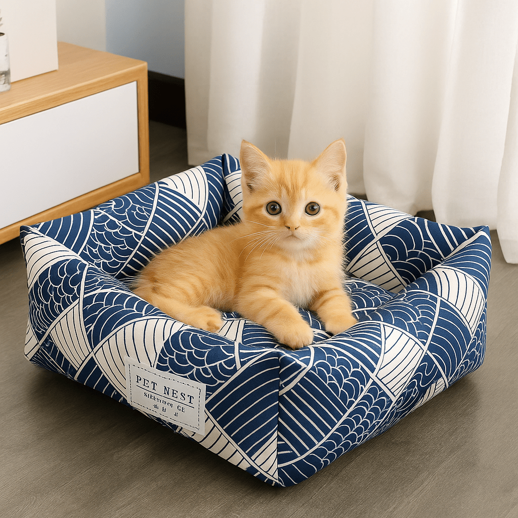 panier pour chat carre motif vague avec chaton orange couche