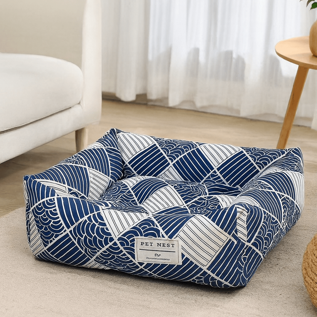 panier pour chat carre motif vague bleu