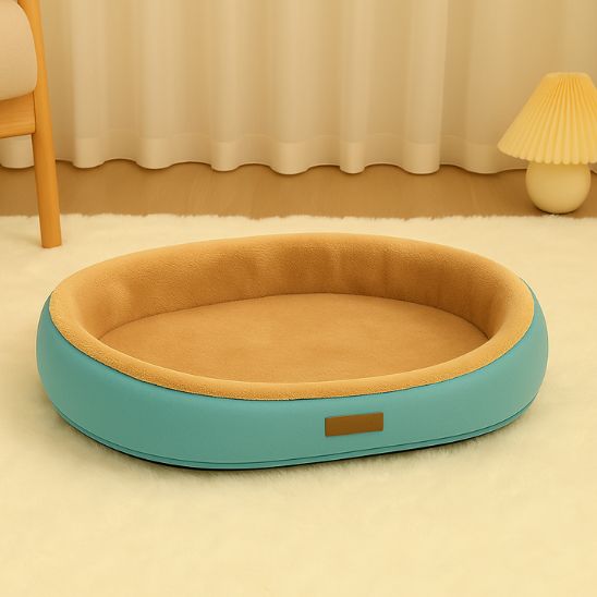 panier pour chat ovale bleu vert interieur brun doux