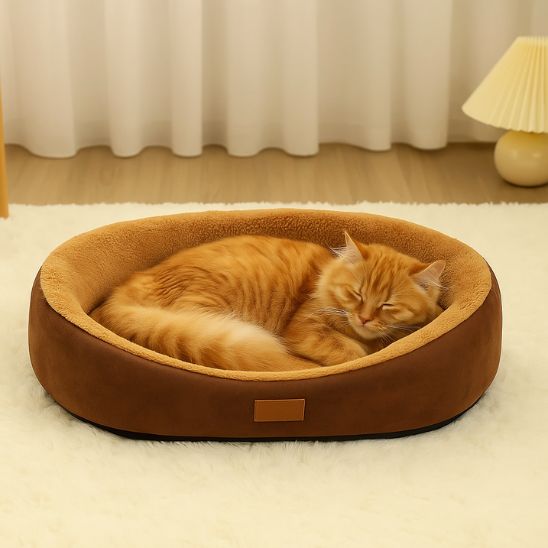 panier pour chat ovale brun avec chat orange allonge
