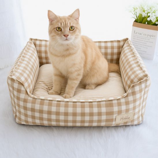 panier pour chat rayure abricot avec chat orange assis