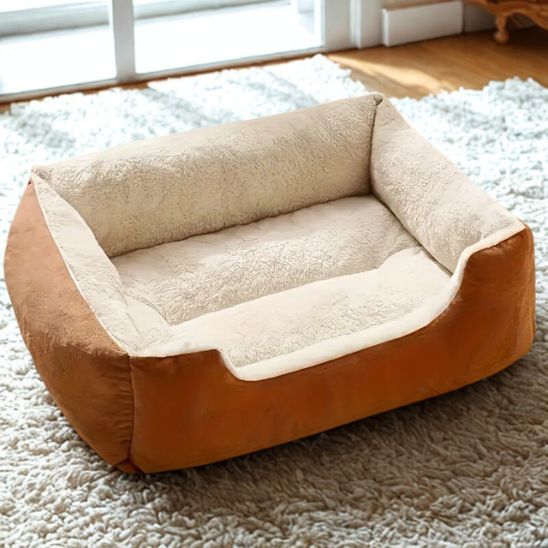 panier pour chat rectangulaire brun avec coussin blanc casse doux