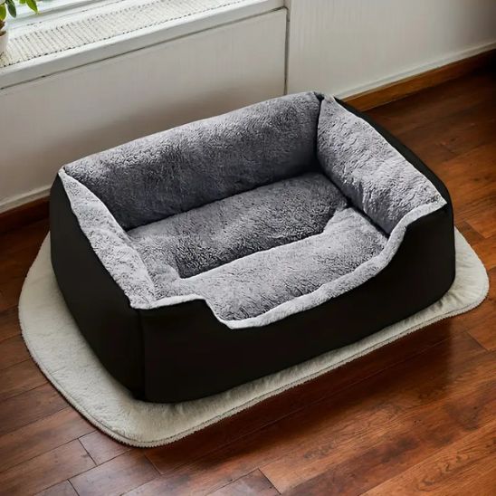 panier pour chat rectangulaire noir avec coussin gris doux