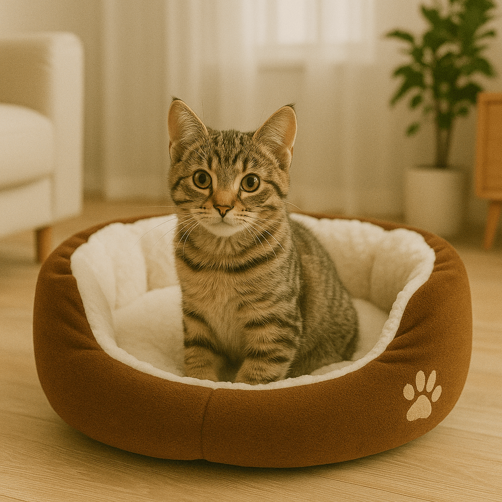 petit chat dans chat panier rond doux brun motif patte